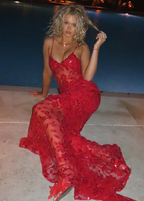 Beautiful Spaghetti Straps Birthday Prom Dress Red Lace Prom Dress