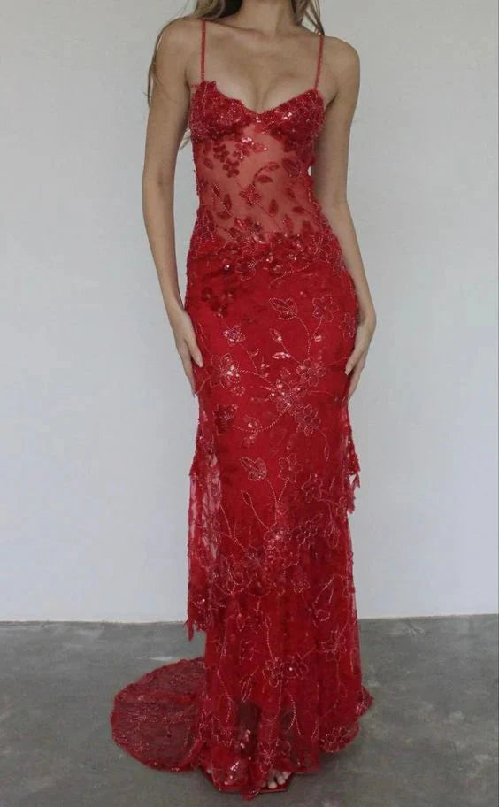 Beautiful Spaghetti Straps Birthday Prom Dress Red Lace Prom Dress