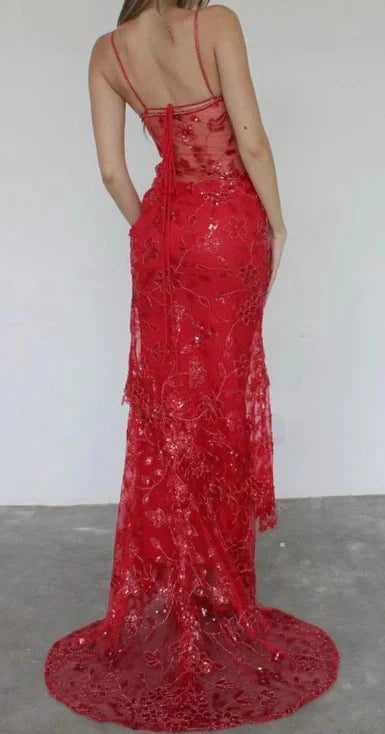Beautiful Spaghetti Straps Birthday Prom Dress Red Lace Prom Dress