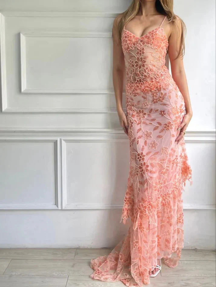 Beautiful Spaghetti Straps Birthday Prom Dress Red Lace Prom Dress