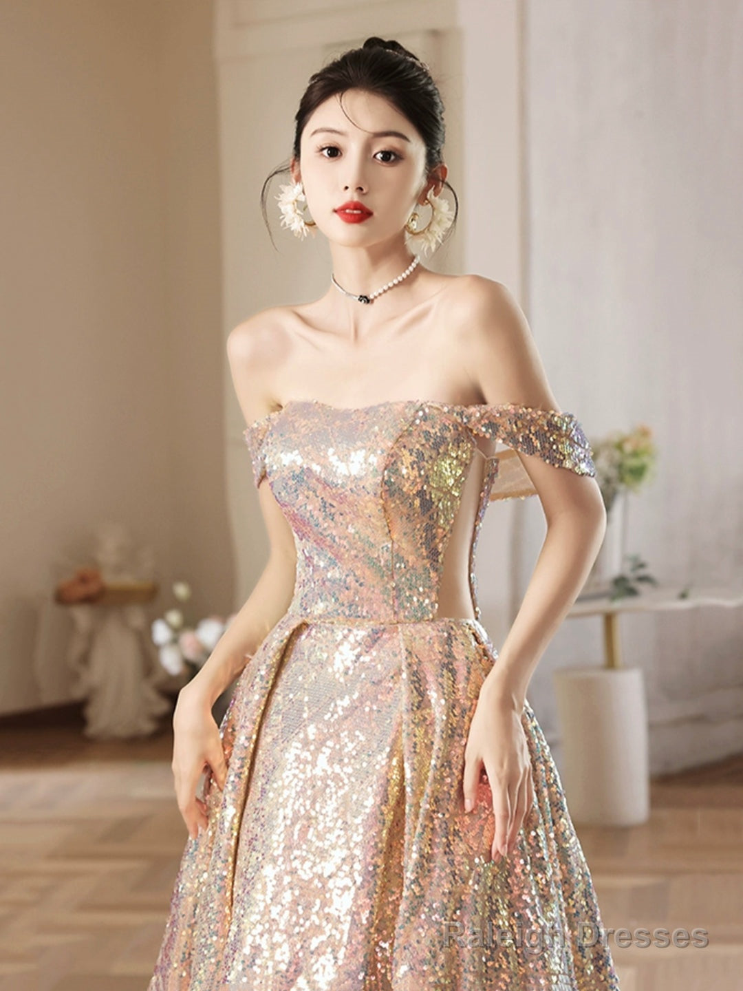 Beautiful Sparkly Sequins Long Prom Dress, Champagne Off Shoulder Evening Dress Secondary image