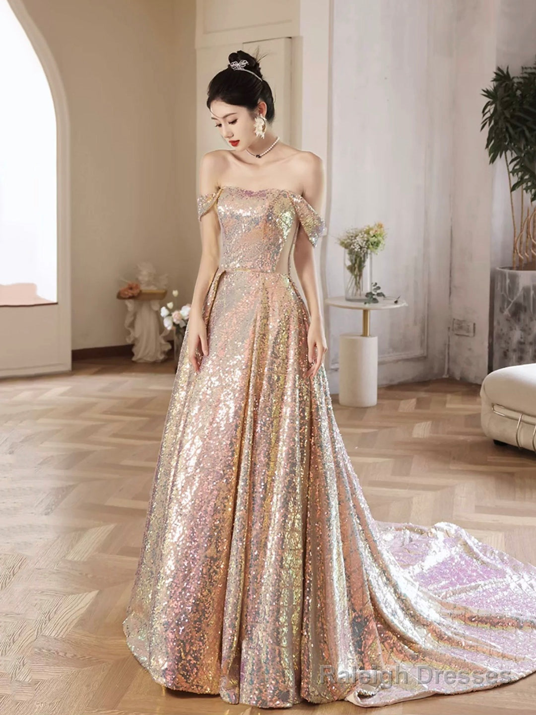 Beautiful Sparkly Sequins Long Prom Dress, Champagne Off Shoulder Evening Dress