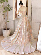 Beautiful Sparkly Sequins Long Prom Dress, Champagne Off Shoulder Evening Dress