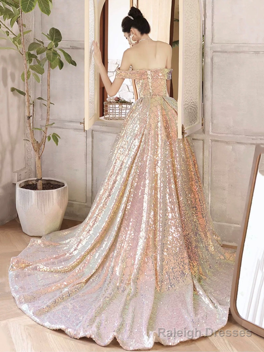 Beautiful Sparkly Sequins Long Prom Dress, Champagne Off Shoulder Evening Dress