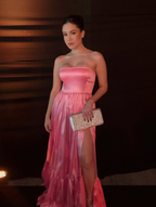 Classic Pink A-Line Strapless Side Slit Long Prom Dress