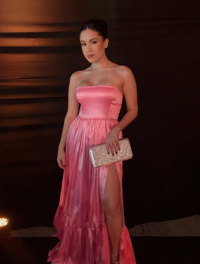 Classic Pink A-Line Strapless Side Slit Long Prom Dress