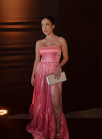 Classic Pink A-Line Strapless Side Slit Long Prom Dress