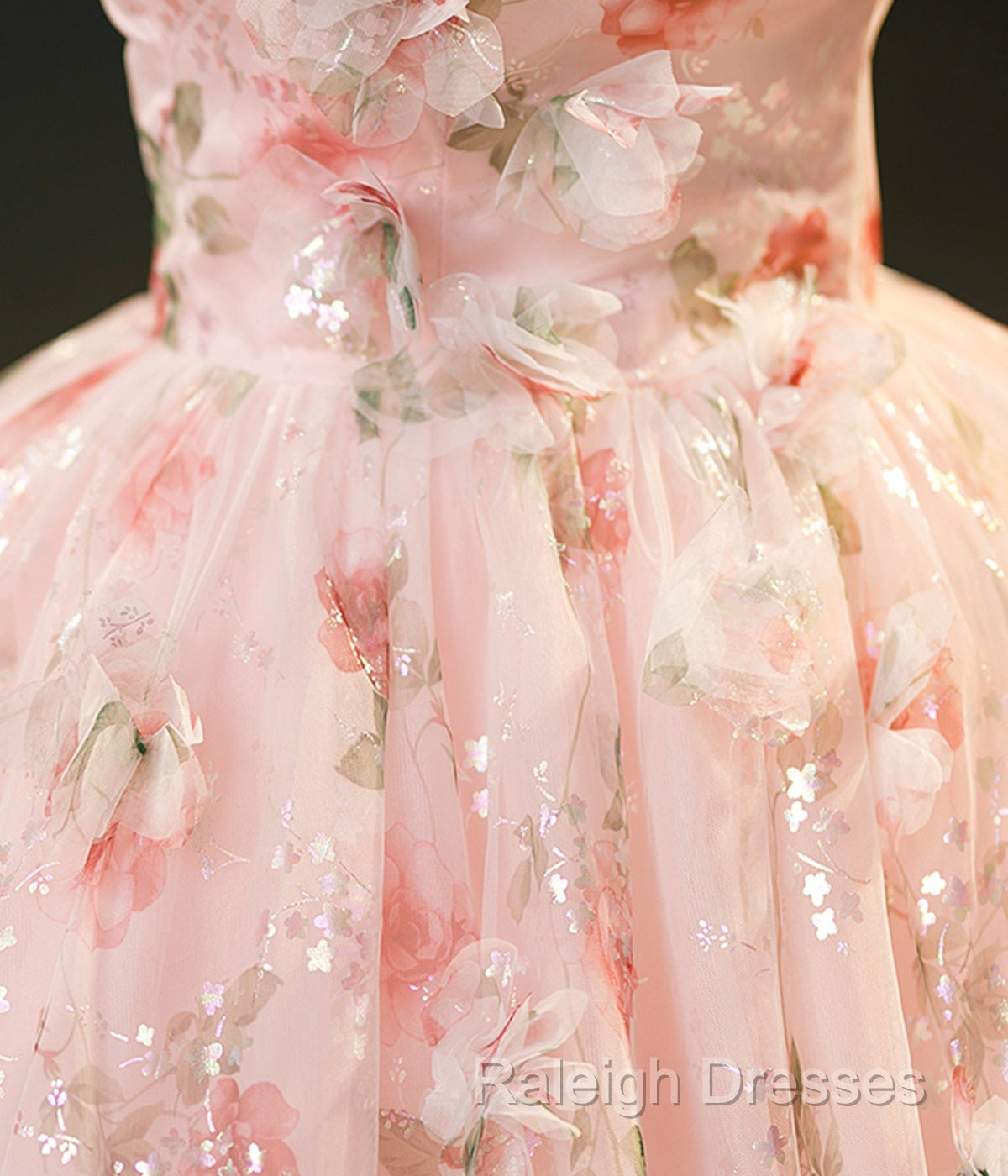 Beautiful Strapless Tulle Flower Long Pink Ball Gown