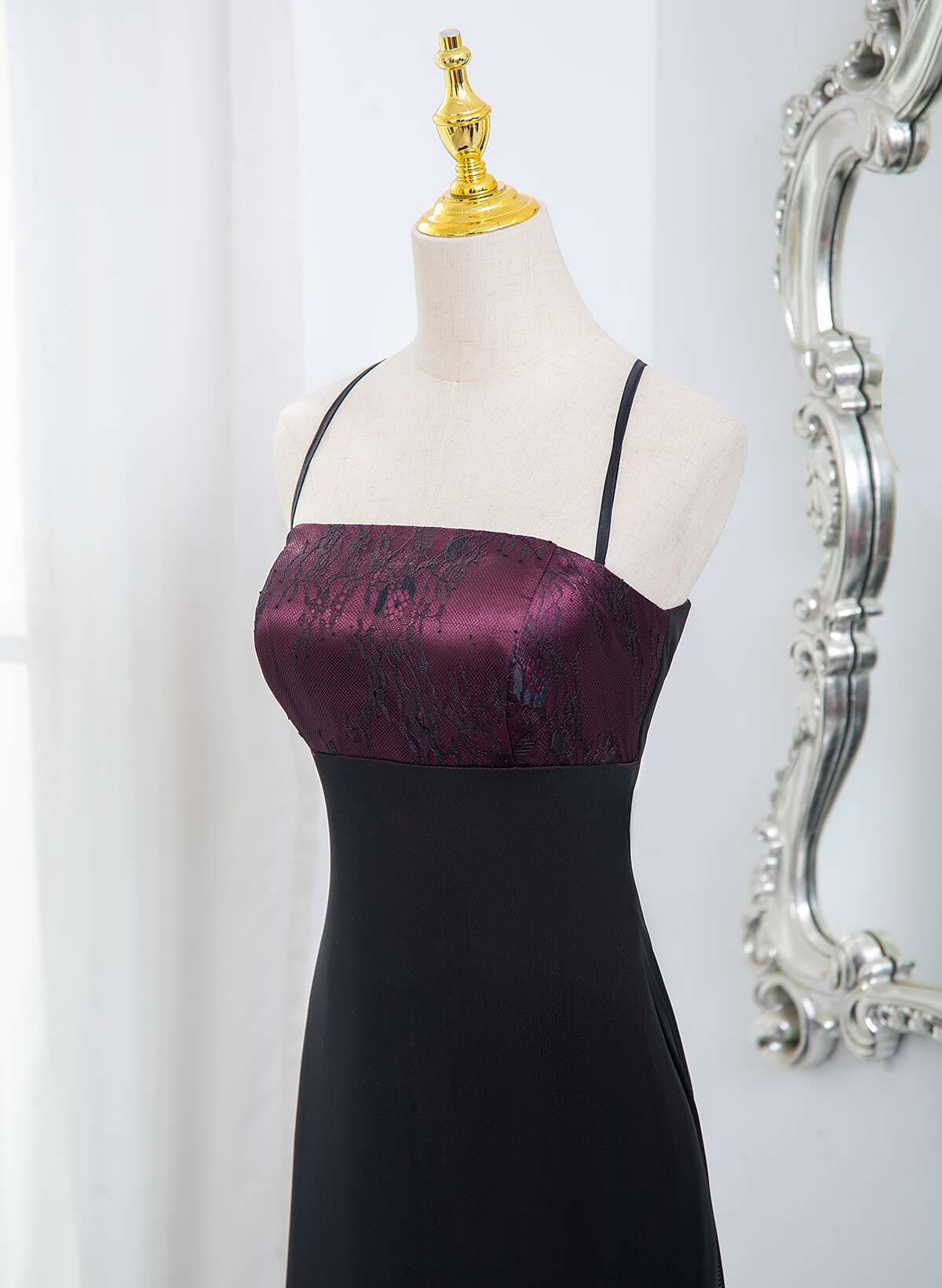 Beautiful Straps Spandex And Lace Evening Dress, Black And Burgundy Prom Dress