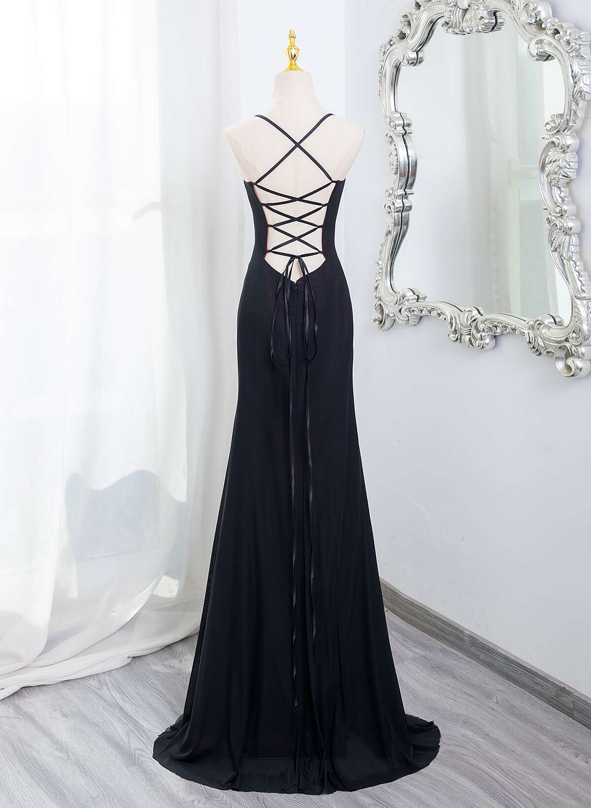 Beautiful Straps Spandex And Lace Evening Dress, Black And Burgundy Prom Dress