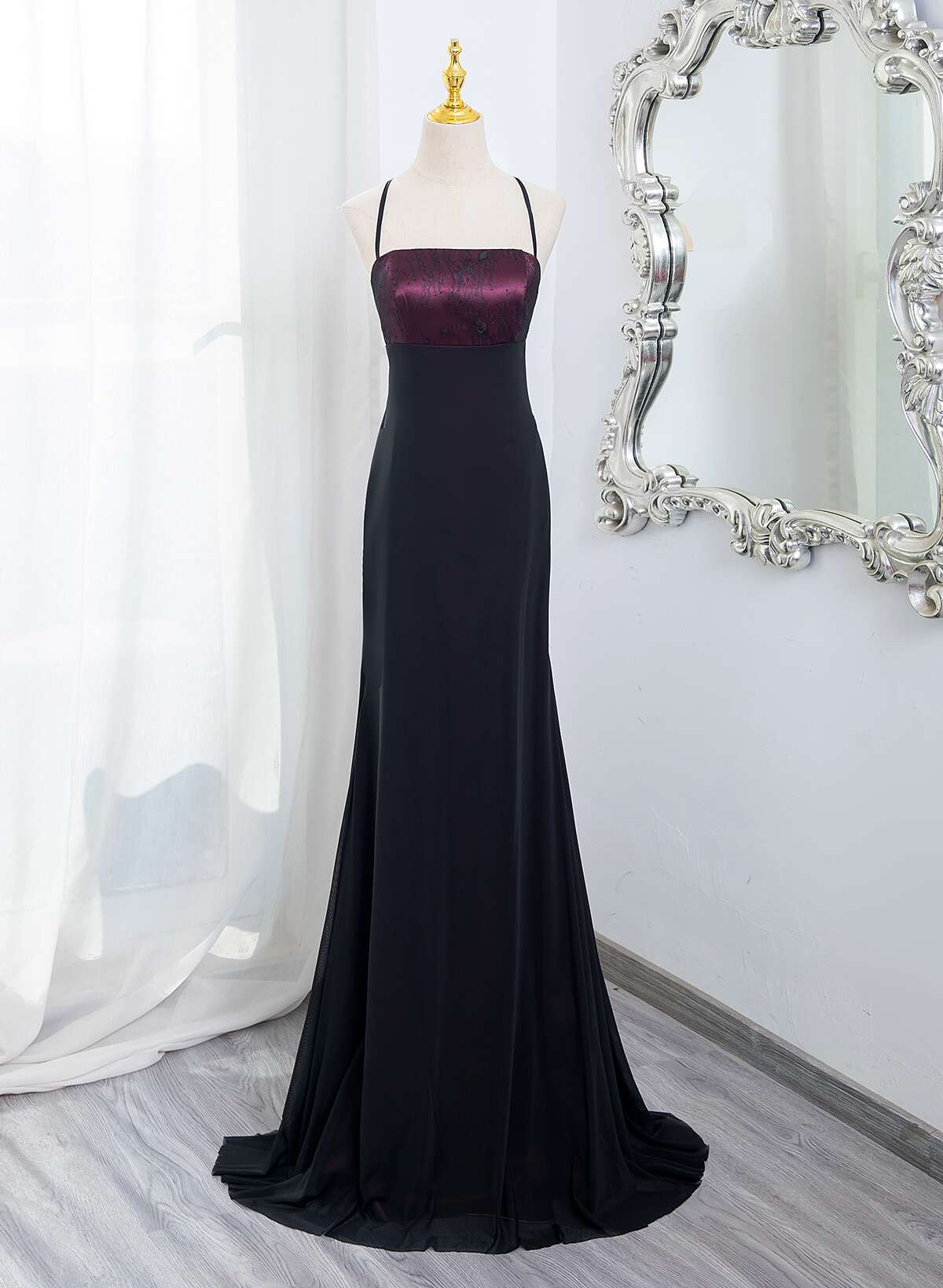 Beautiful Straps Spandex And Lace Evening Dress, Black And Burgundy Prom Dress Main image