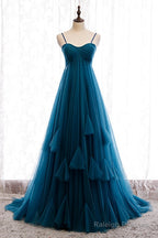 Beautiful Teal Blue Tulle Straps Long High Waist Prom Dress, Blue Evening Party Dresses