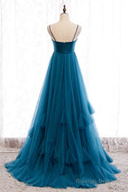 Beautiful Teal Blue Tulle Straps Long High Waist Prom Dress, Blue Evening Party Dresses