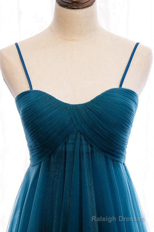 Beautiful Teal Blue Tulle Straps Long High Waist Prom Dress, Blue Evening Party Dresses