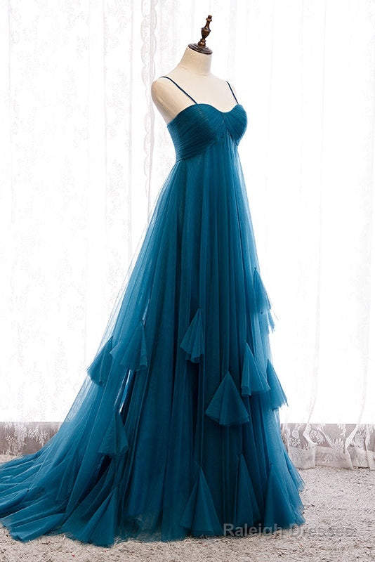 Beautiful Teal Blue Tulle Straps Long High Waist Prom Dress, Blue Evening Party Dresses