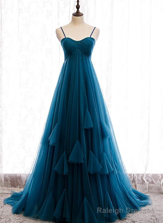 Beautiful Teal Blue Tulle Straps Long High Waist Prom Dress, Blue Evening Party Dresses Main image