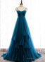 Beautiful Teal Blue Tulle Straps Long High Waist Prom Dress, Blue Evening Party Dresses