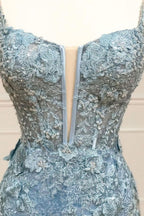 Beautiful Tiffany Blue Spaghetti Straps Tulle Applique Long Prom Dress Sequined Evening Dress With Slits