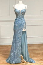 Beautiful Tiffany Blue Spaghetti Straps Tulle Applique Long Prom Dress Sequined Evening Dress With Slits