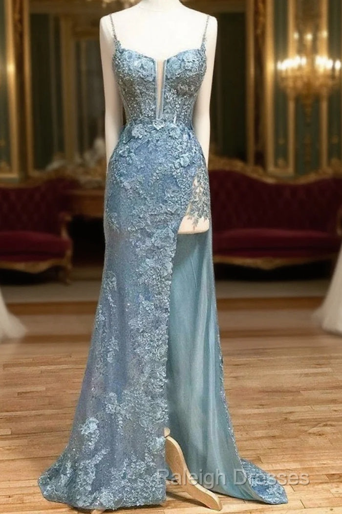 Beautiful Tiffany Blue Spaghetti Straps Tulle Applique Long Prom Dress Sequined Evening Dress With Slits Main image