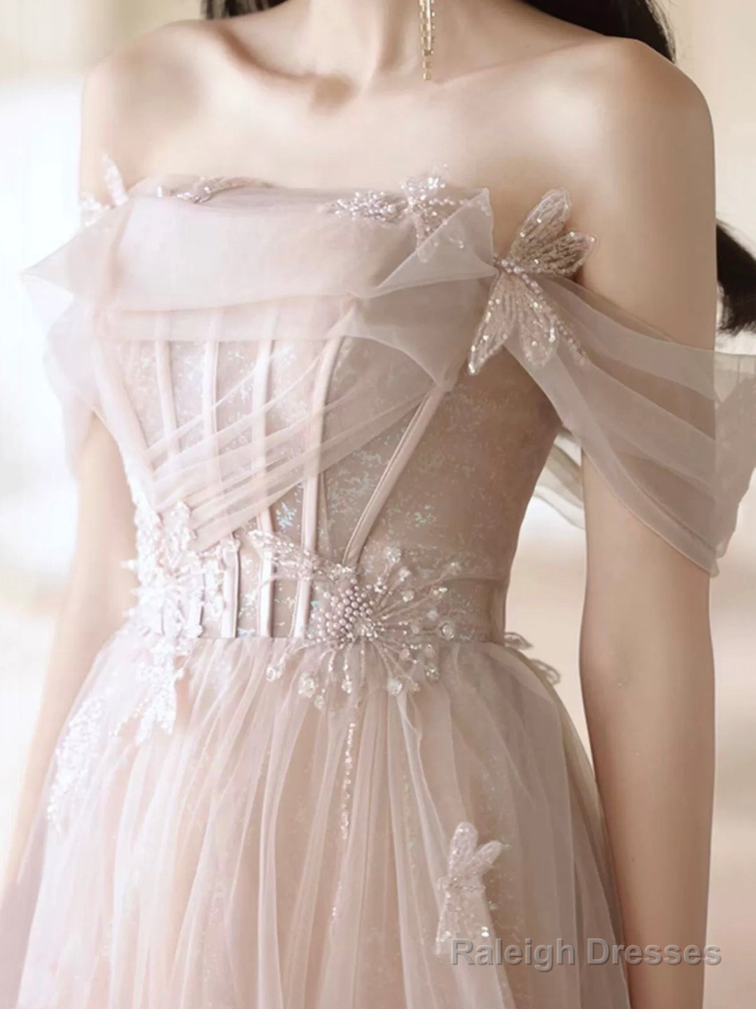 Beautiful Tulle Beaded Long Prom Dress, Light Pink Tulle Evening Dress Secondary image