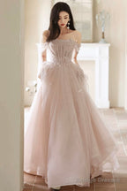 Beautiful Tulle Beaded Long Prom Dress, Light Pink Tulle Evening Dress