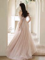 Beautiful Tulle Beaded Long Prom Dress, Light Pink Tulle Evening Dress