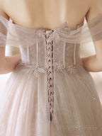 Beautiful Tulle Beaded Long Prom Dress, Light Pink Tulle Evening Dress