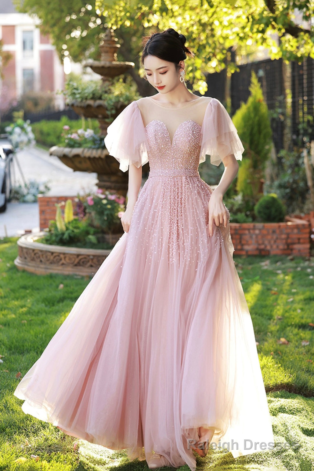 Beautiful Tulle Beaded Long Prom Dress, Pink Evening Dress Party Dress Main image