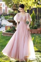 Beautiful Tulle Beaded Long Prom Dress, Pink Evening Dress Party Dress