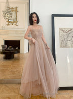 Beautiful Tulle Beaded Long Sleeves Prom Dresses, A-Line Champagne Evening Gown