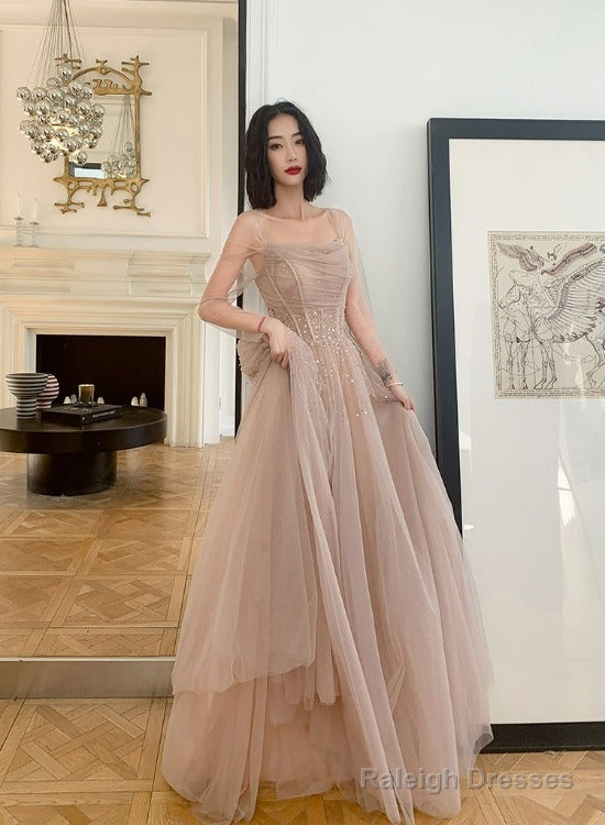 Beautiful Tulle Beaded Long Sleeves Prom Dresses, A-Line Champagne Evening Gown