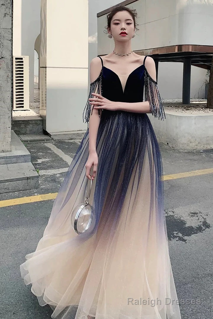 Beautiful Tulle Blue Gradient V-Neckline Straps Prom Dress, A-Line Tulle Formal Dress Secondary image
