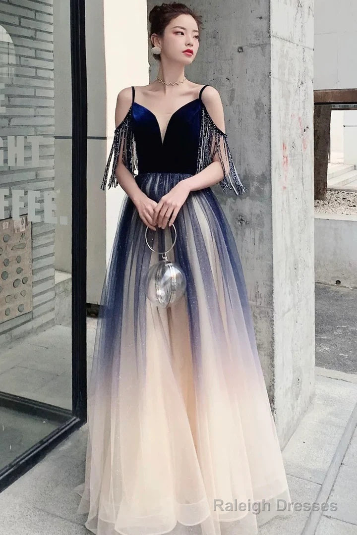 Beautiful Tulle Blue Gradient V-Neckline Straps Prom Dress, A-Line Tulle Formal Dress