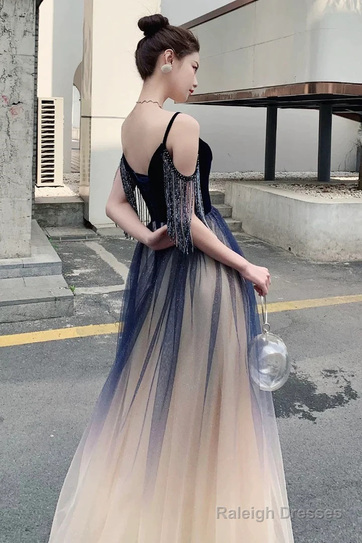 Beautiful Tulle Blue Gradient V-Neckline Straps Prom Dress, A-Line Tulle Formal Dress