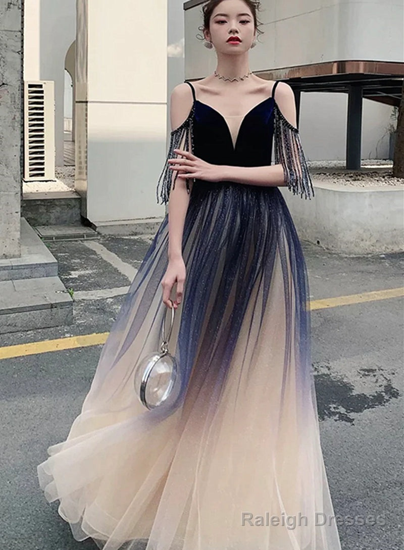 Beautiful Tulle Blue Gradient V-Neckline Straps Prom Dress, A-Line Tulle Formal Dress