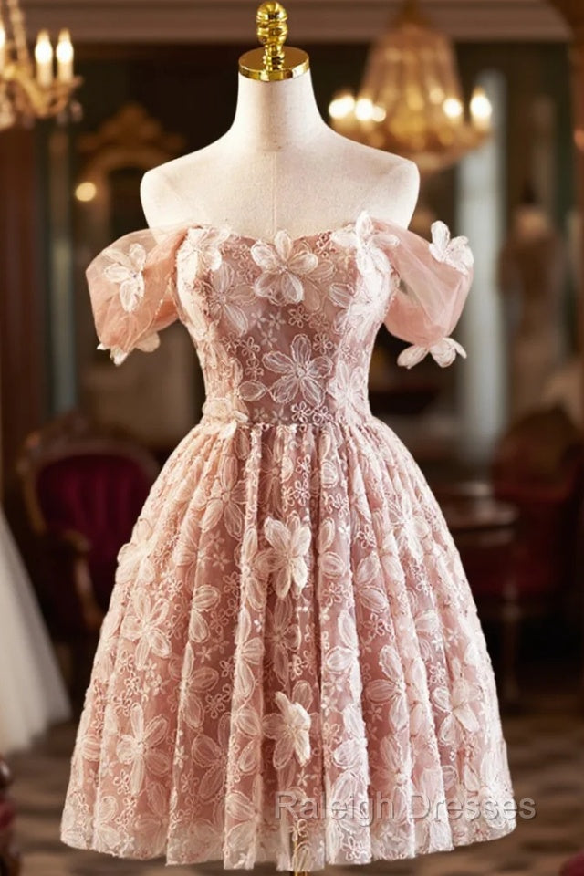 Beautiful Tulle Flower Knee Length Prom Dress, Off the Shoulder Short Sleeve Evening Party Dress Main image