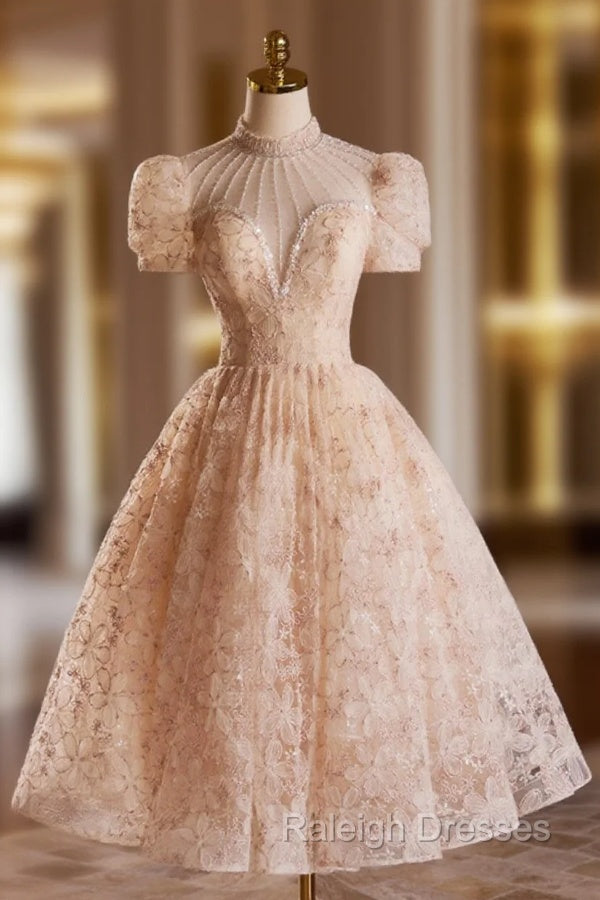 Beautiful Tulle Flower Tea Length Prom Dress, Off the Shoulder Short Sleeve Prom Prom Dress