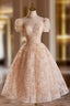 Beautiful Tulle Flower Tea Length Prom Dress, Off the Shoulder Short Sleeve Prom Prom Dress