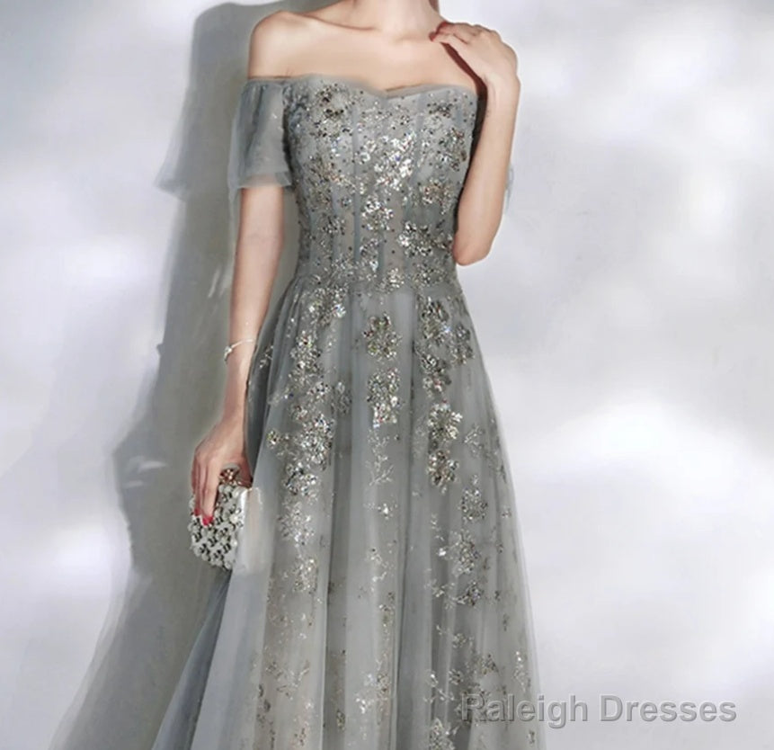Beautiful Tulle Off Shoulder Prom Dress Lace-Up Evening Dress Gown, Grey Prom Dresses Secondary image