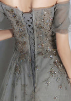 Beautiful Tulle Off Shoulder Prom Dresses Lace-Up Prom Dresses Gowns Grey Prom Dress