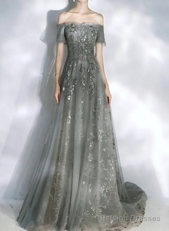 Beautiful Tulle Off Shoulder Prom Dresses Lace-Up Prom Dresses Gowns Grey Prom Dress Main image