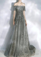 Beautiful Tulle Off Shoulder Prom Dresses Lace-Up Prom Dresses Gowns Grey Prom Dress