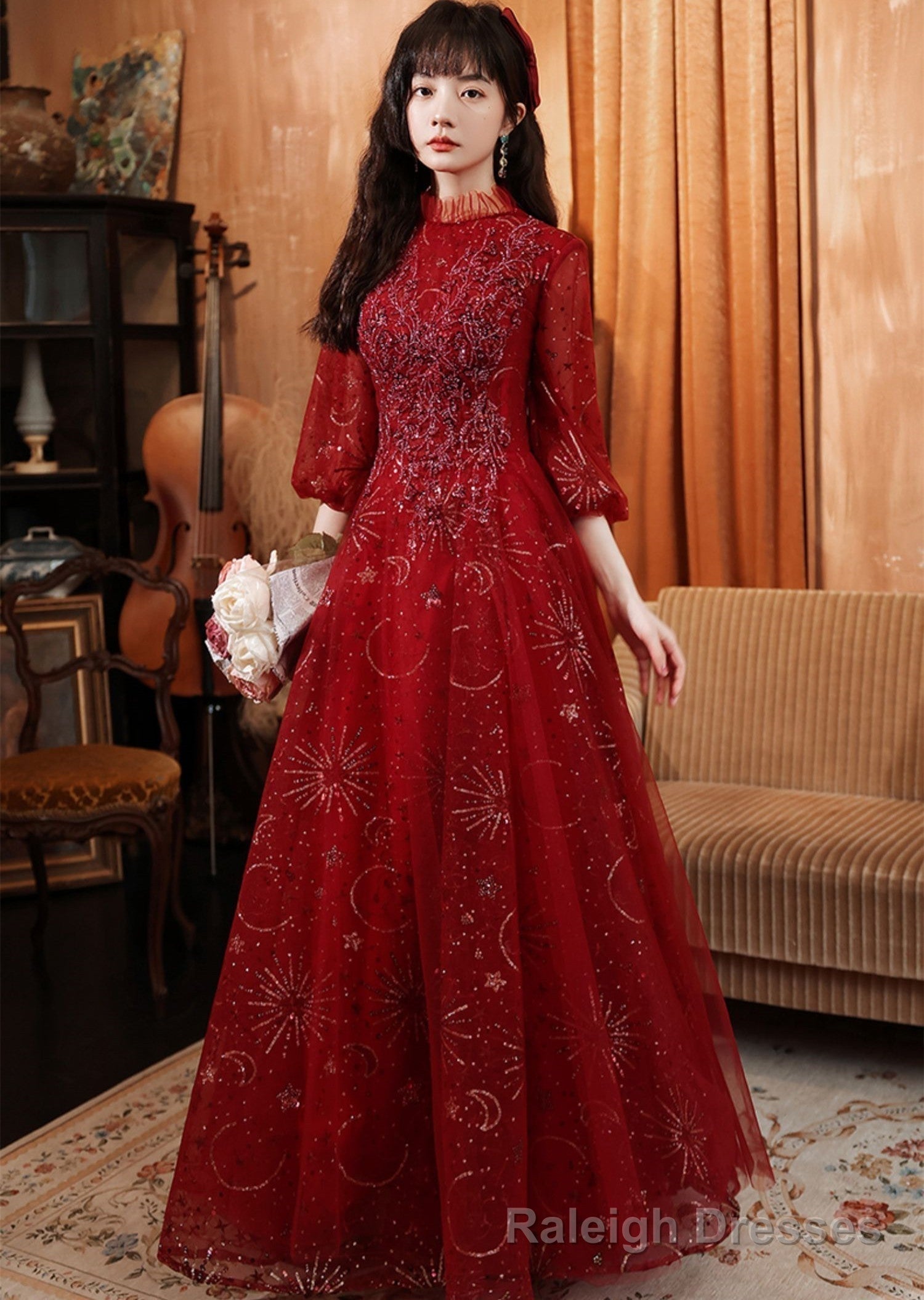 Beautiful Tulle Puffy Sleeves Long Party Dress, Wine Red Long Prom Dress Evening Dress