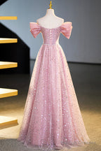 Beautiful Tulle Sequins Long Prom Dress, Pink Off Shoulder Evening Dress