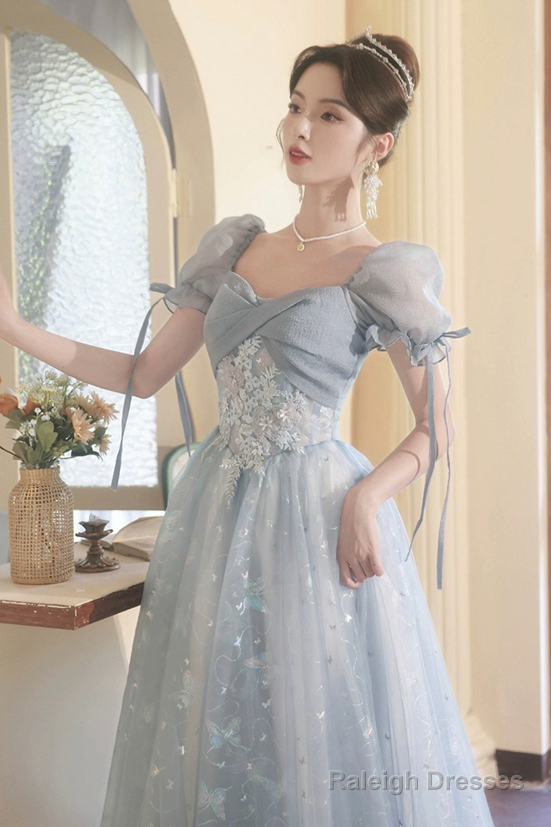 Beautiful Tulle Short Sleeves Prom Dresses With Lace Lovely Blue Long Prom Dresses Secondary image