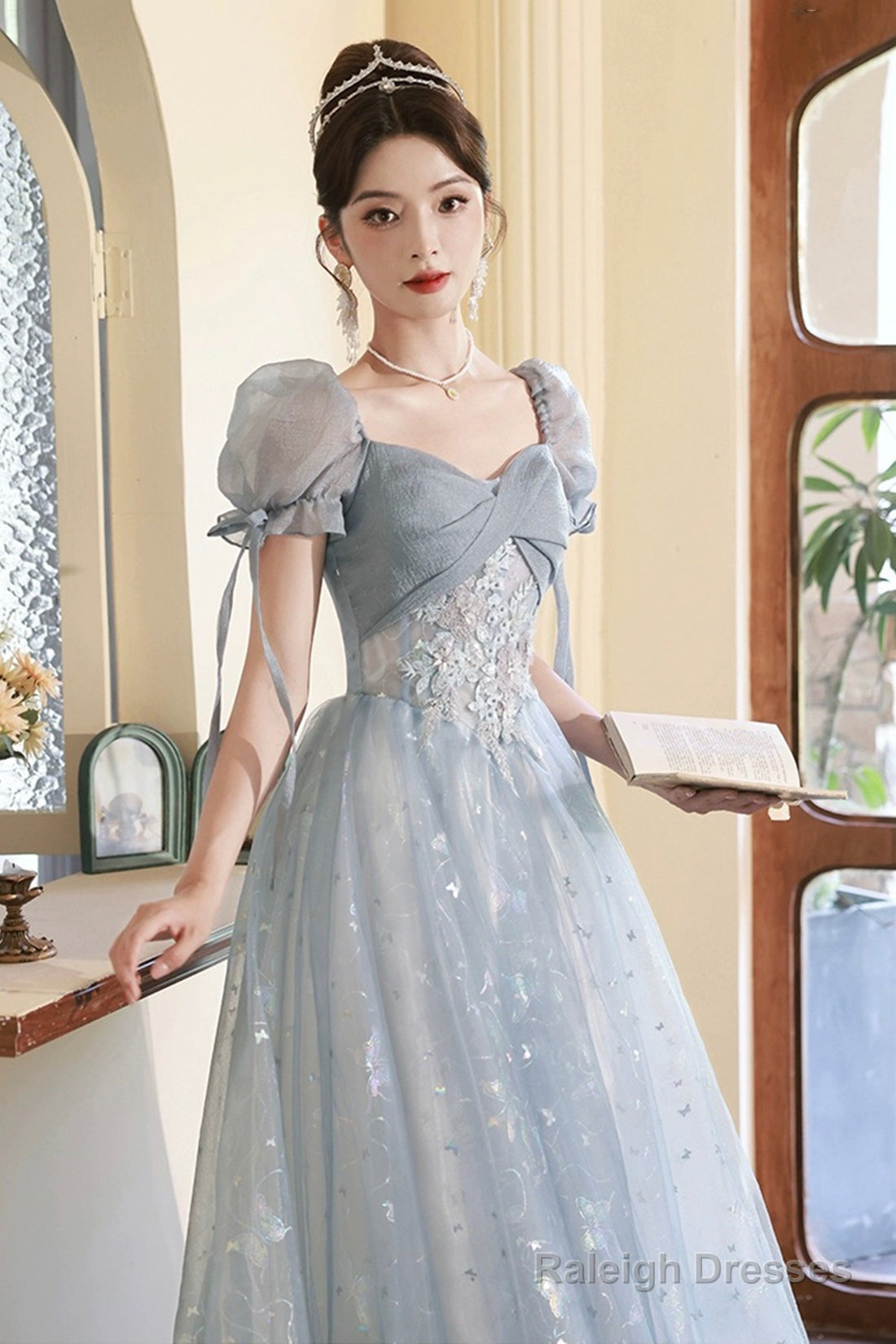 Beautiful Tulle Short Sleeves Formal Dress With Lace, Lovely Blue Long  Prom Dress