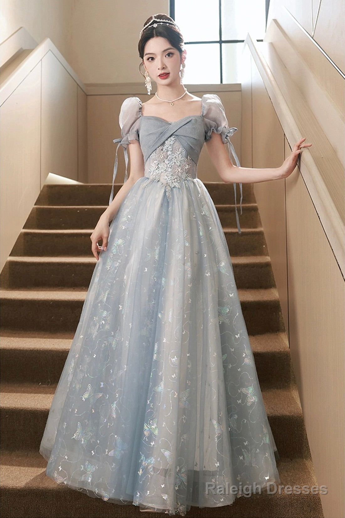 Beautiful Tulle Short Sleeves Formal Dress With Lace, Lovely Blue Long  Prom Dress