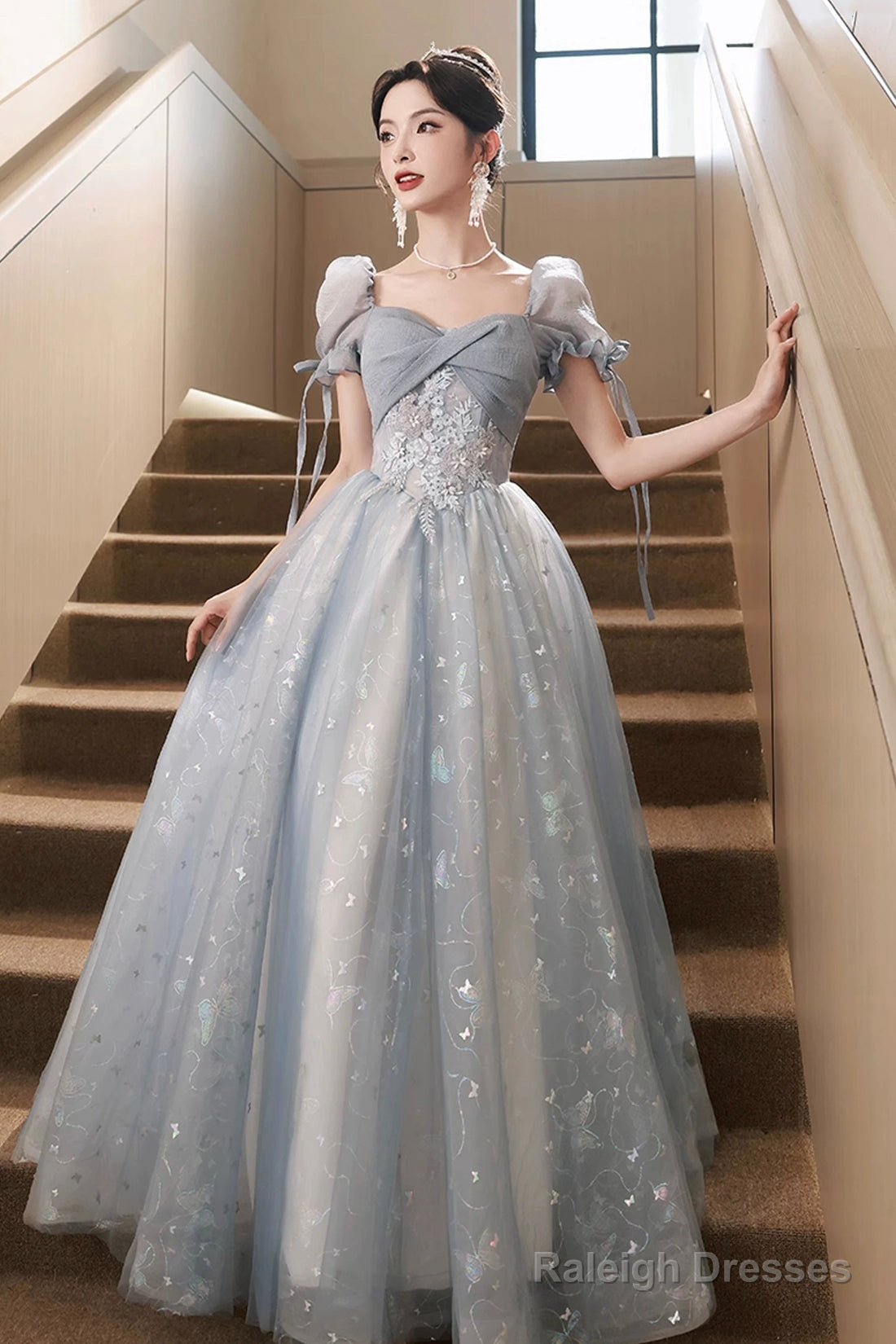 Beautiful Tulle Short Sleeves Prom Dresses With Lace Lovely Blue Long Prom Dresses Main image