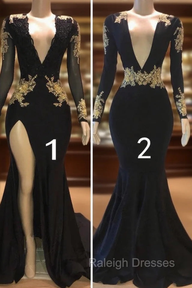 Beautiful V-Neck Long Sleevess Appliques Mermaid Floor-Length Prom Dresses Main image